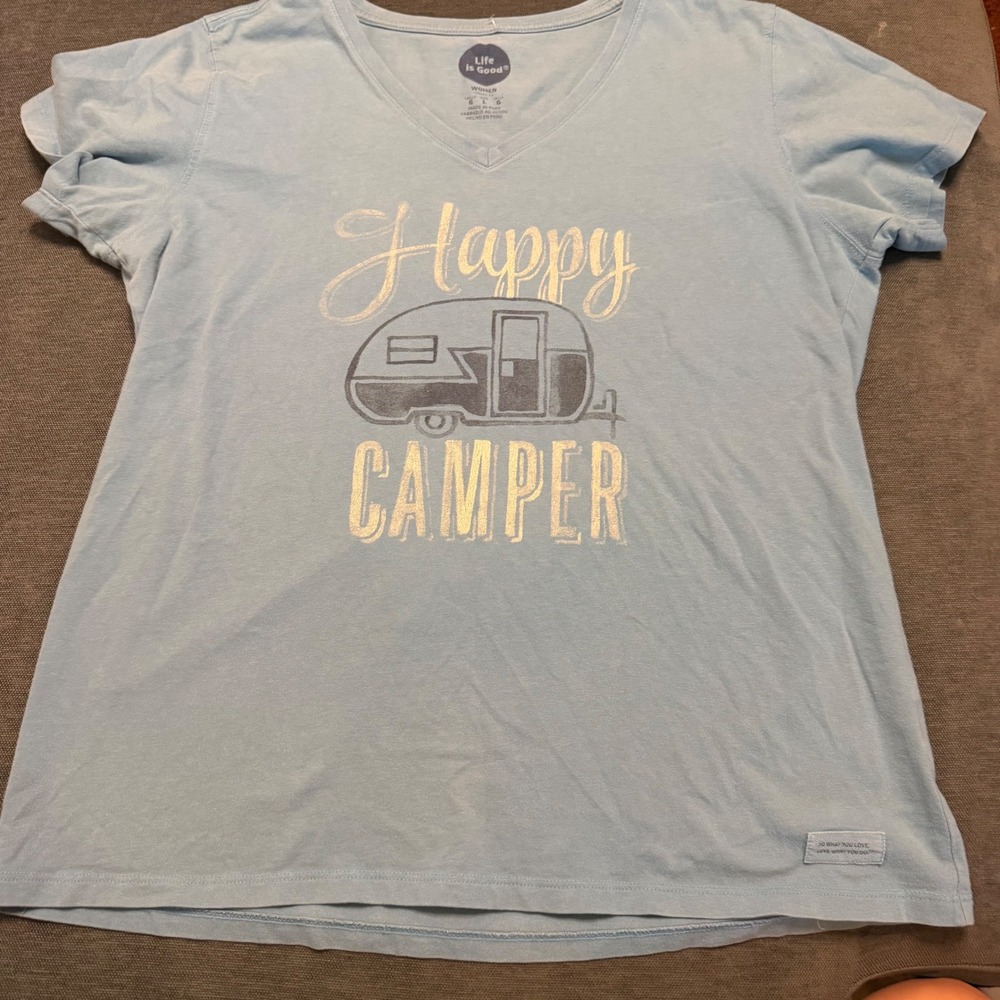 Life is Good Womens Happy Camper‎ V-Neck T-Shirt Blue Cotton Graphic Tee Large